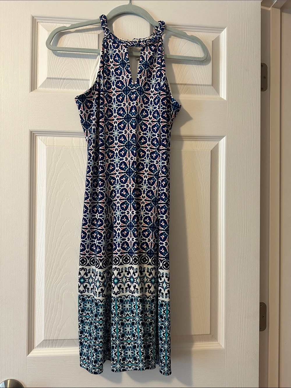 Sleeveless Blue Patterned Halter Dress